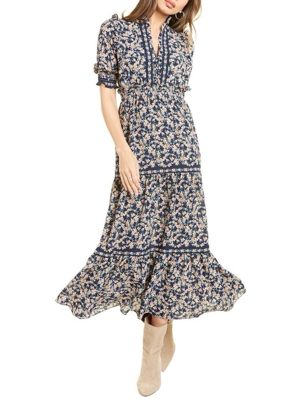 Max‎ Studio Navy Floral Smocked Split Neck Maxi Dress